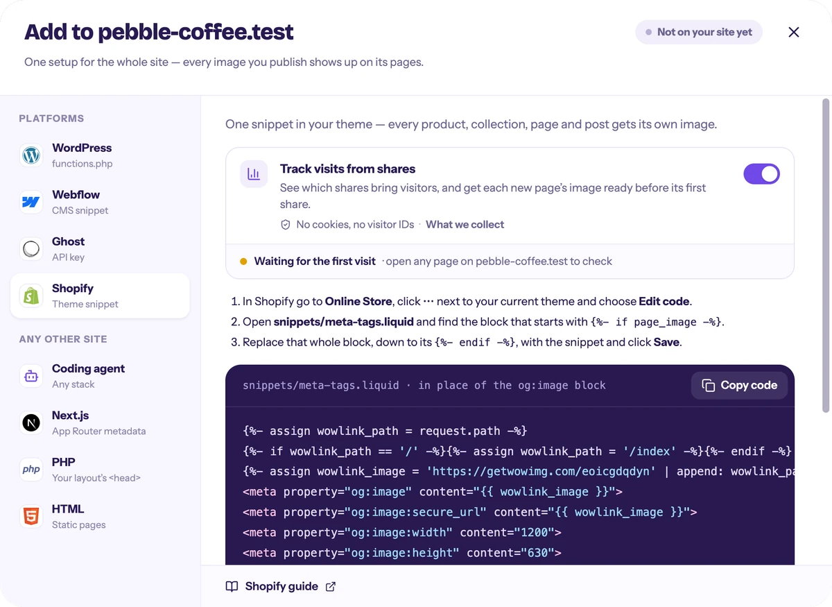 getwowlink, Add to site on the Shopify tab with the code to copy