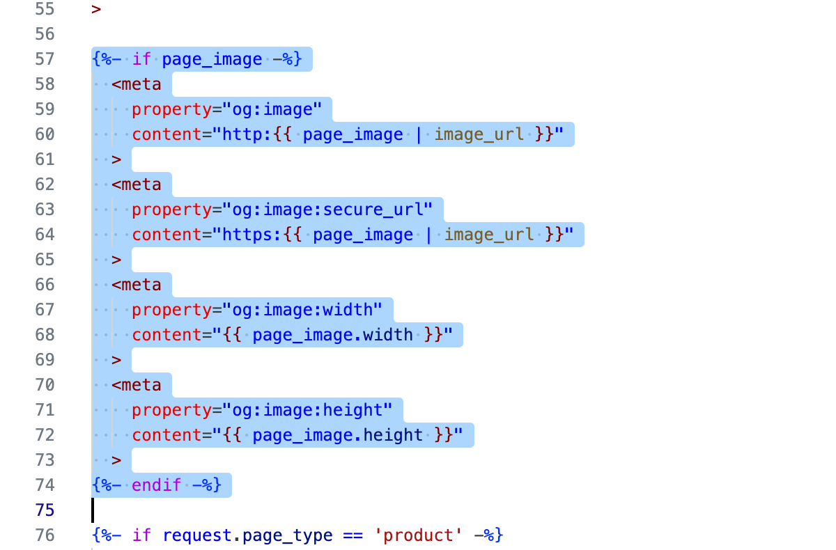 Shopify code editor: snippets/meta-tags.liquid with the og:image block from {%- if page_image -%} to {%- endif -%} selected