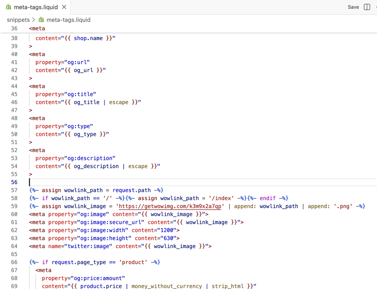 Shopify code editor: the getwowlink snippet in place of the og:image block, file saved