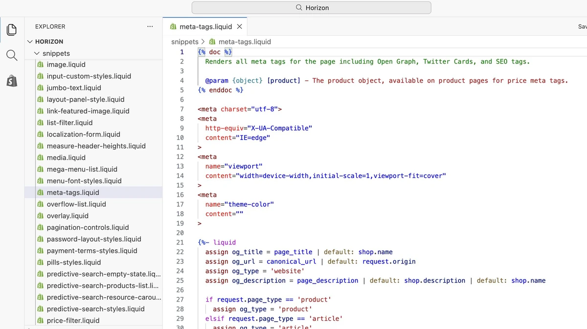 Shopify code editor: the snippets folder open in the file list, meta-tags.liquid selected and open, the search bar at the top