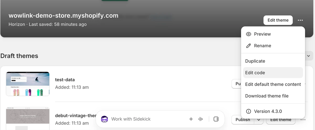Shopify admin, Online Store: the ⋯ menu of the current theme with Edit code
